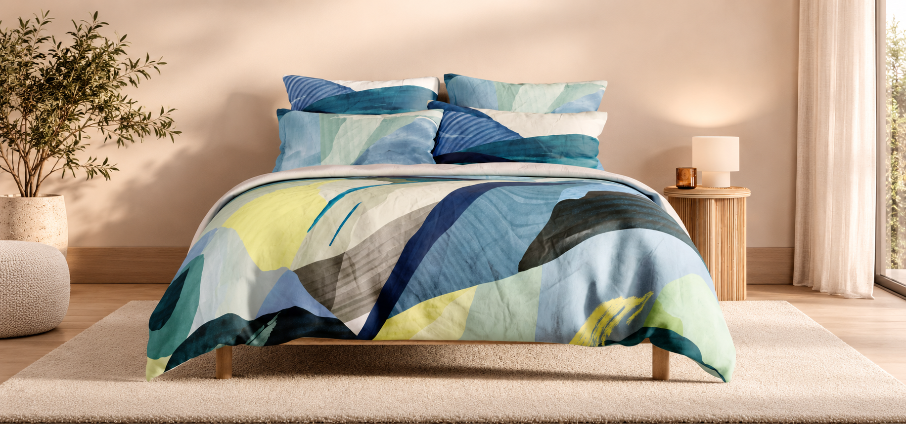 Warm bedroom with patterned bedding