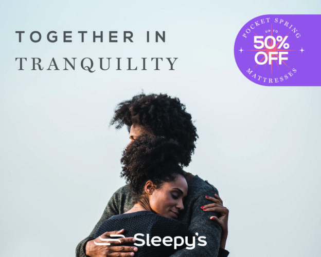 UP TO 50% OFF POCKET SPRING MATTRESSES AT SLEEPY’S couple hugging together in tranquility
