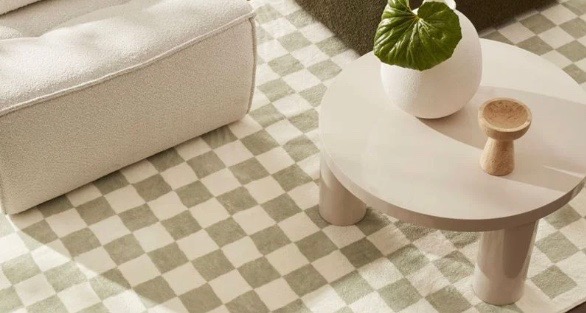 checkered sage green white rug